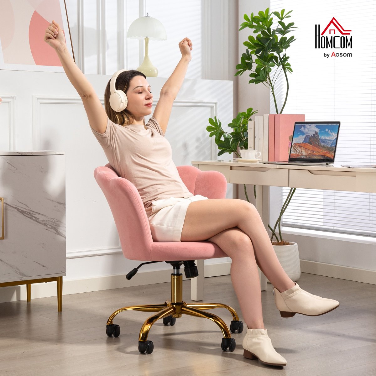Chaise de bureau Velours (100% polyester) rose, HOMCOM