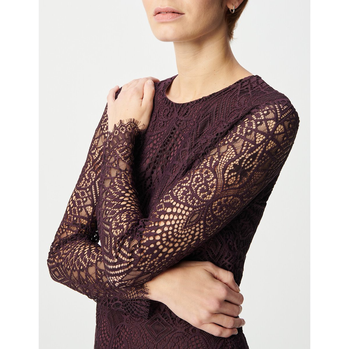 Abito in pizzo a maniche lunghe con scollo rotondo vinaccia, IKKS