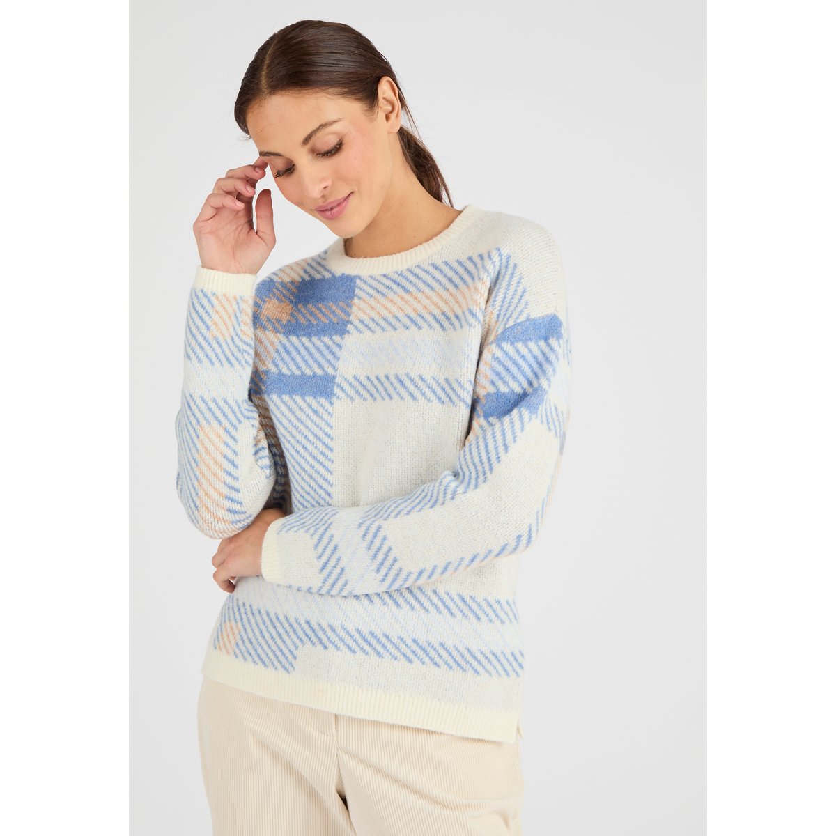 Pull jacquard à carreaux Thermolactyl marron beige carreaux, DAMART