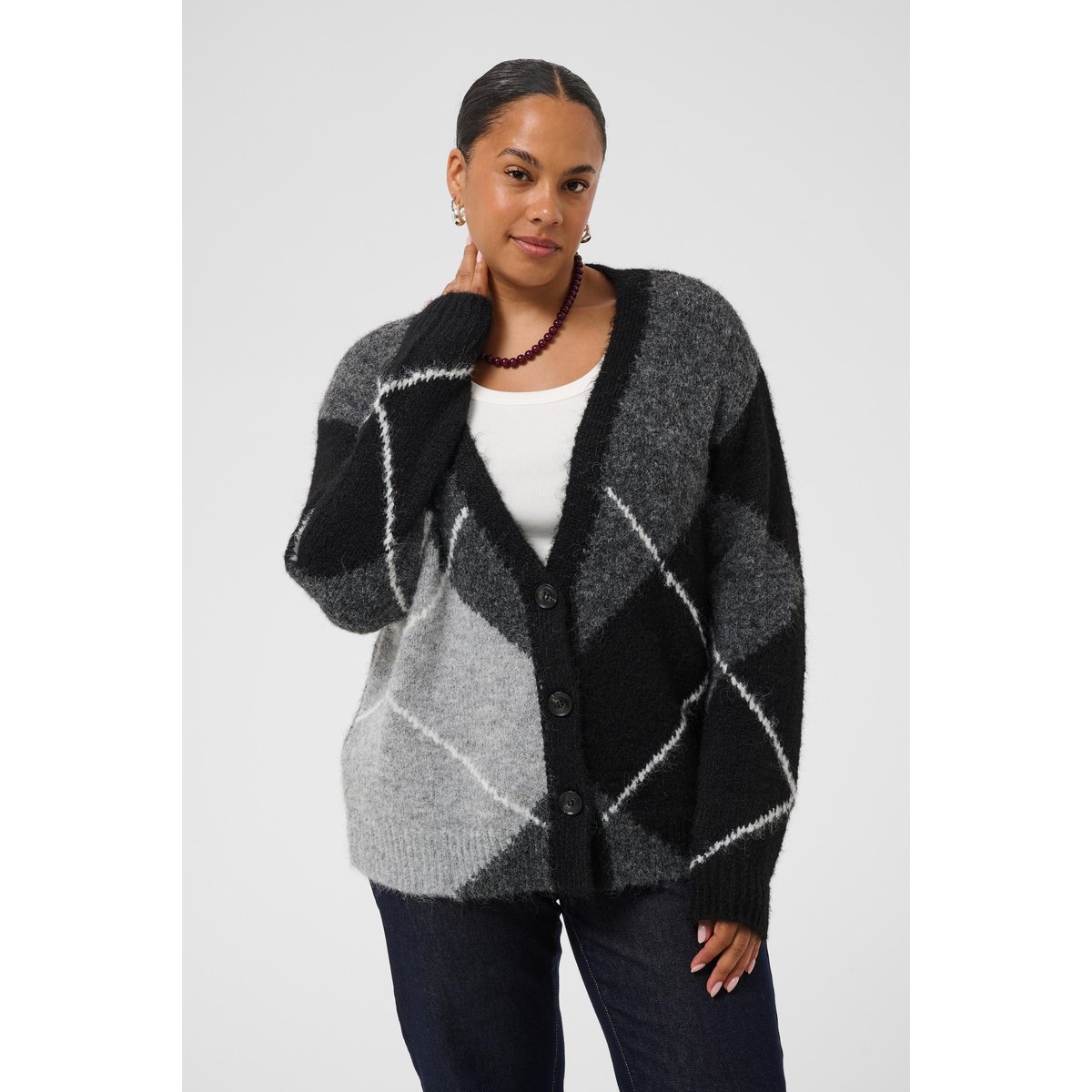 Cardigan à tricot gris grey melange/black check, KAFFE CURVE