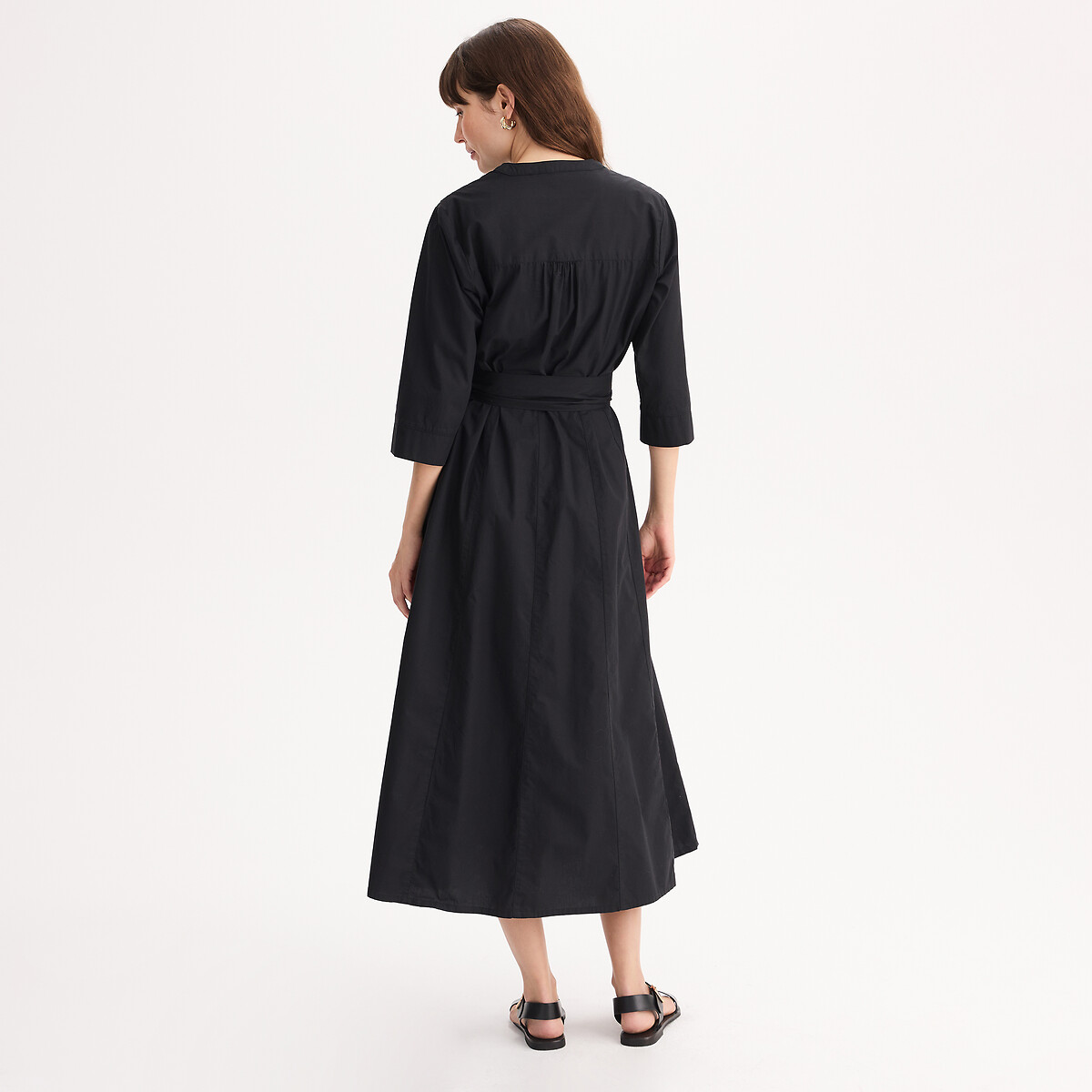 Robe longue évasée en coton, manches 3/4 noir, ANNE WEYBURN