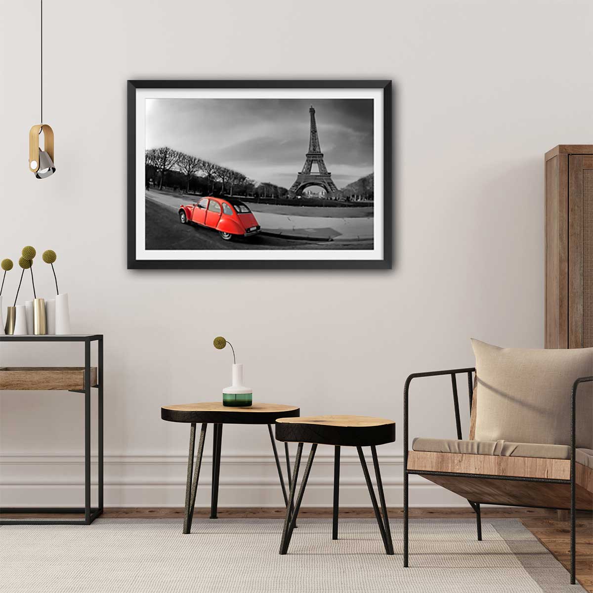 Affiche paris tour eiffel et 2cv rouge affiche + cadre en bois - noir, HEXOA