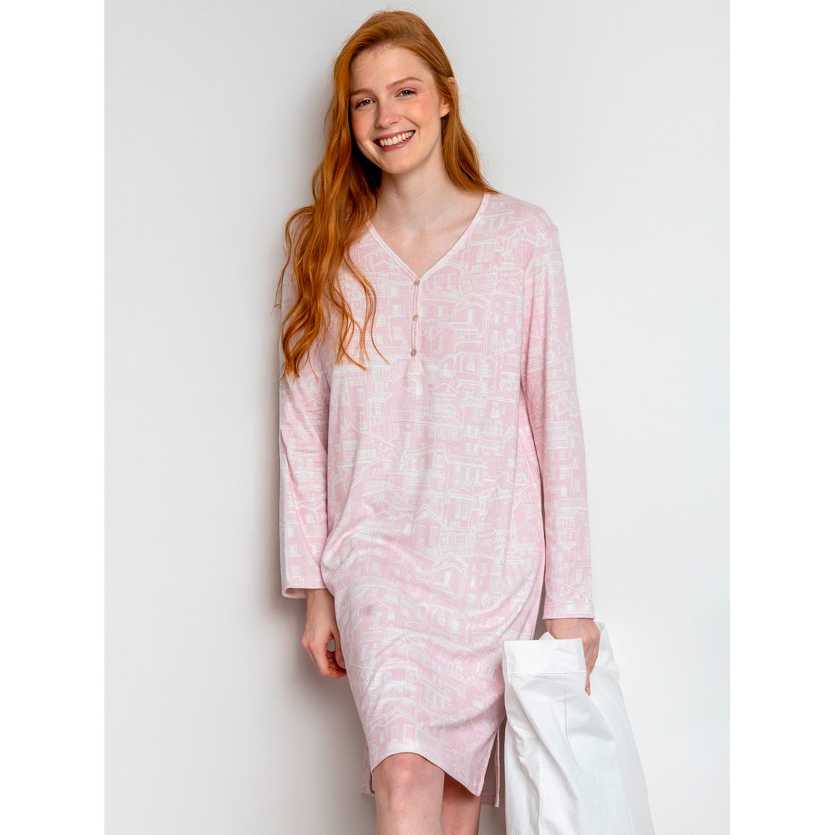Chemise de nuit manches longues La Vie Est Belle rose, ADMAS