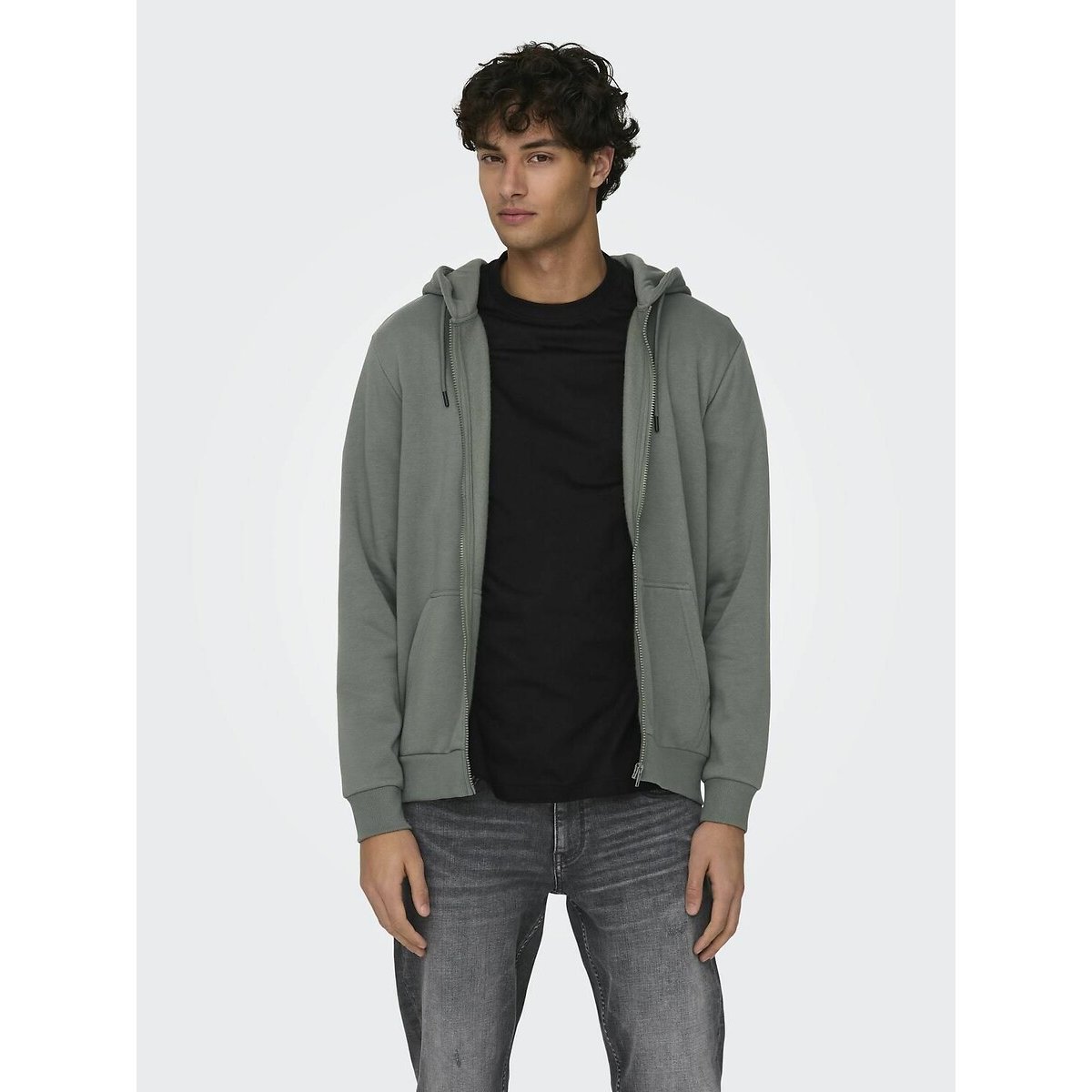 Sweat  zippé à capuche droit Ceres vert grisé, ONLY & SONS