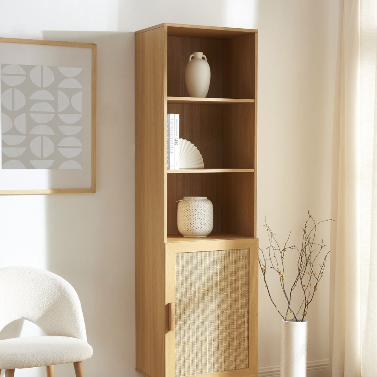 Colonne de rangement en bois et cannage H190cm- JUNE bois clair, DRAWER