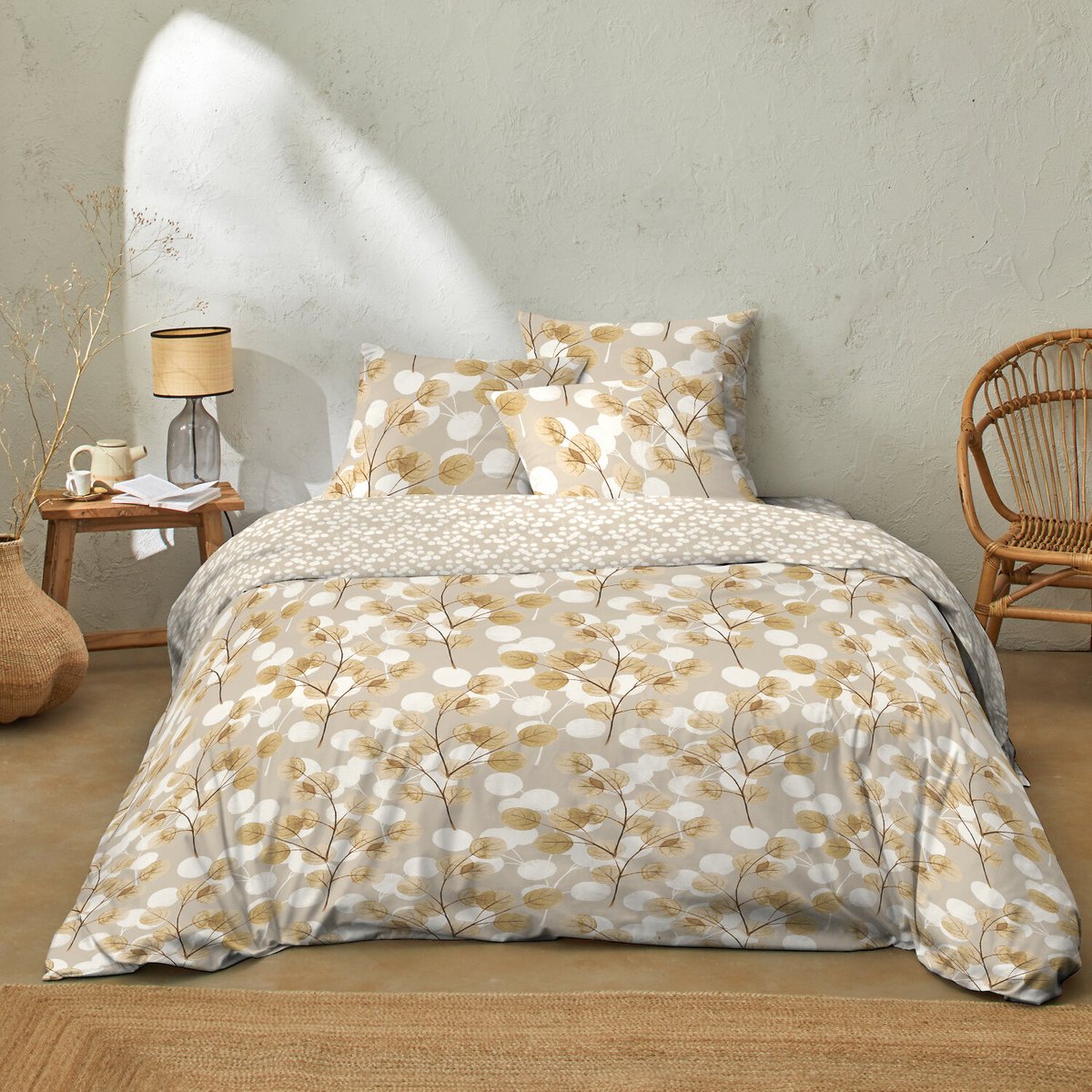 Parure housse de couette coton imprimés, soryne beige beige, C DESIGN HOME TEXTILE
