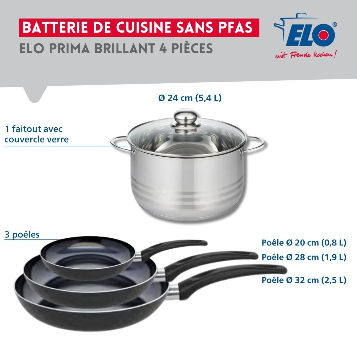 Batterie 3 poêles 20/28/32cm + 1 faitout 24cm PRIMA BRILLANT noir, ELO