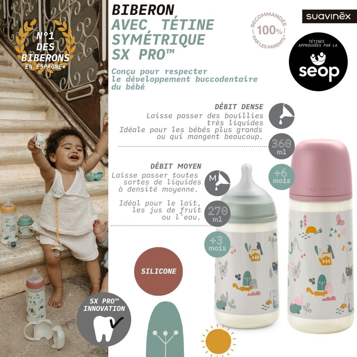 Biberon avec tétine SX Pro 150 ml débit M rose, SUAVINEX