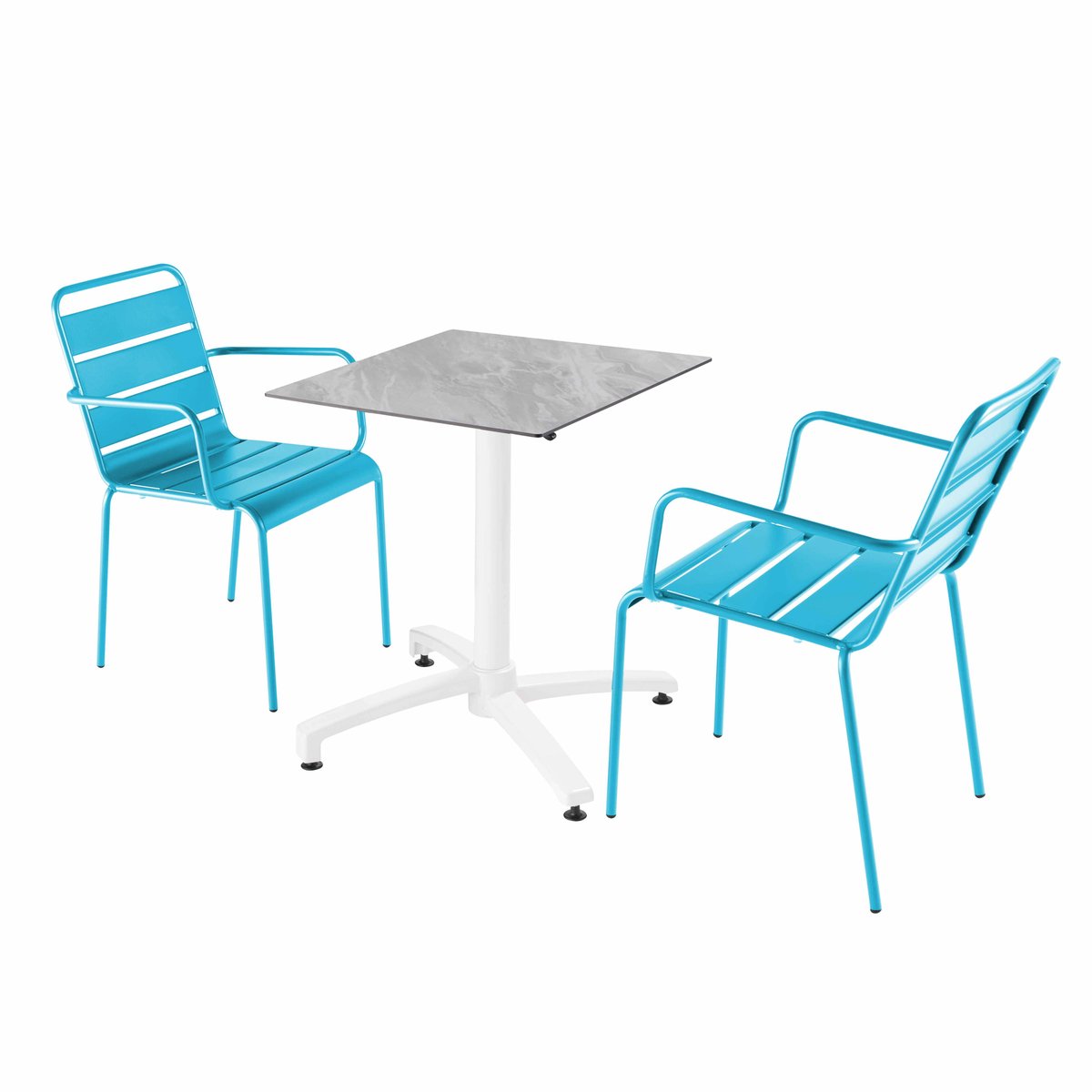 Table en HPL inclinable pied blanc et 2 chaises avec accoudoirs en métal bleu, OVIALA