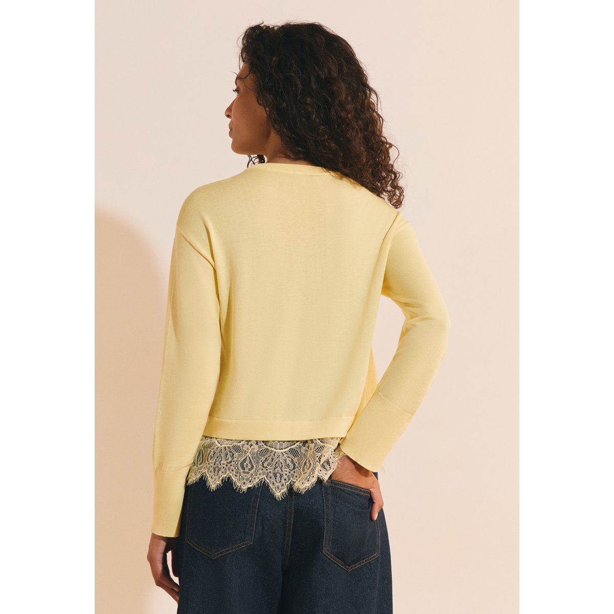 Pull avec coton et détails dentelle SOLINE jaune pale, ETAM