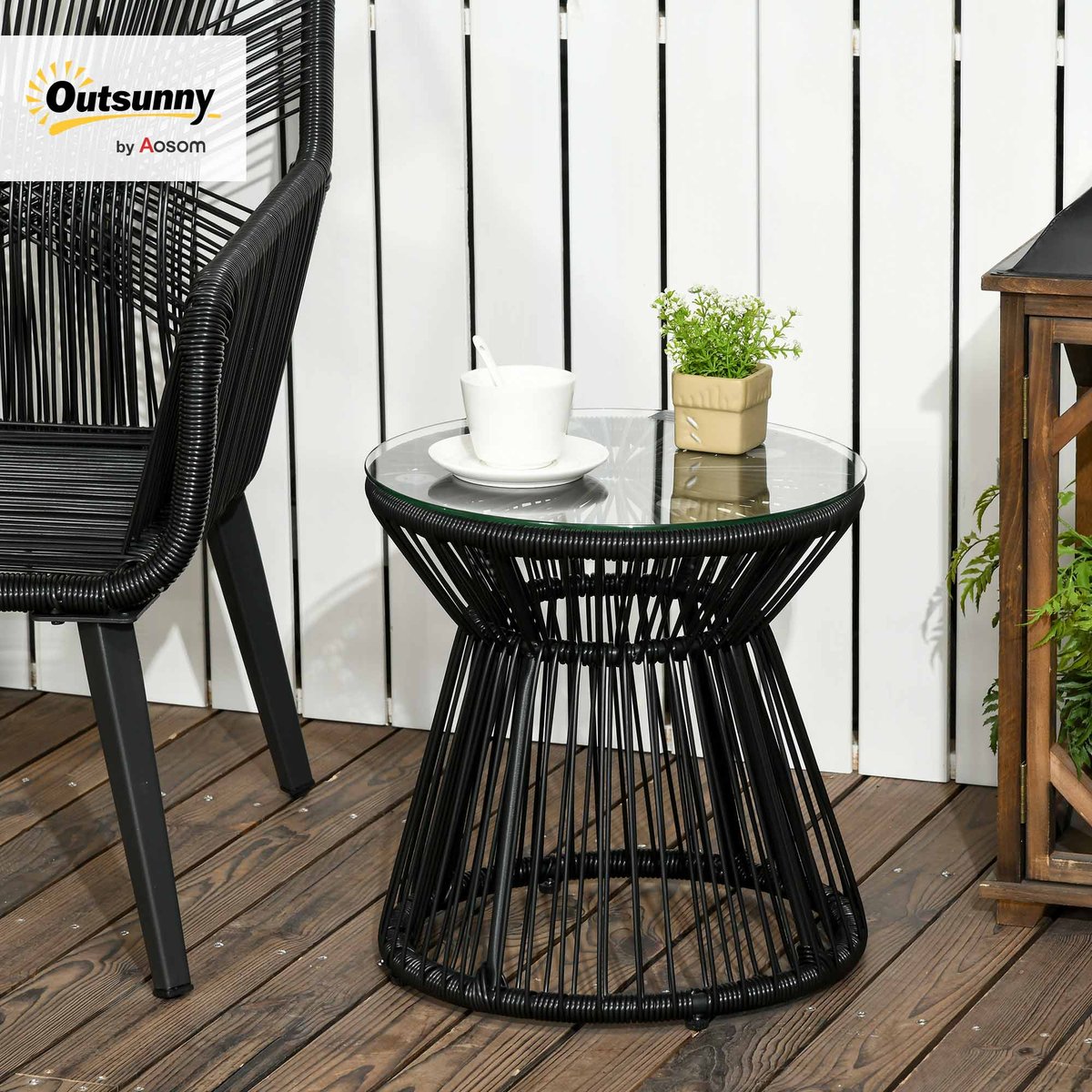 Table d'appoint en rotin Résine tressée noir, OUTSUNNY