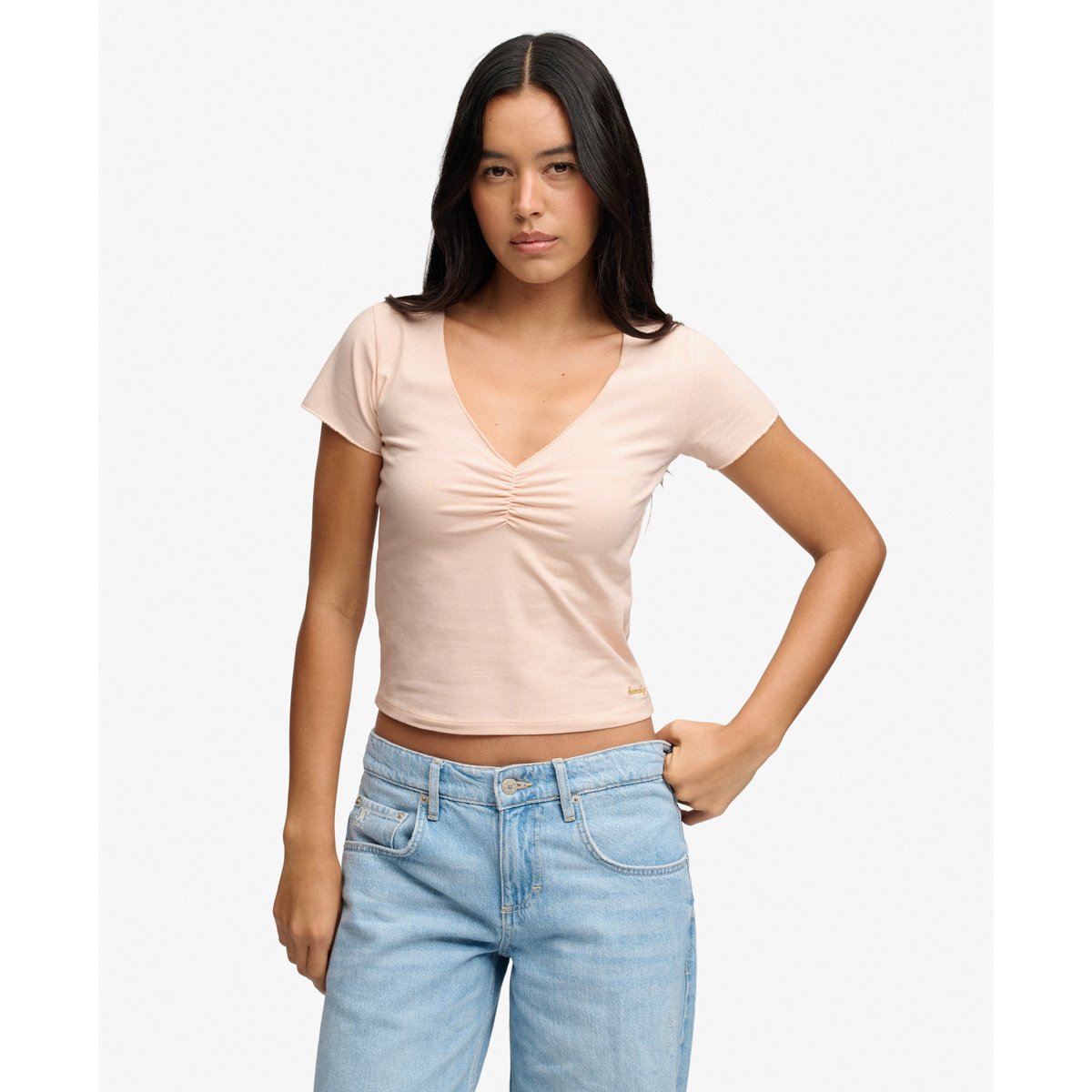 T-shirt Crop Col V Froncé Coupe Ajustée rose poudré, SUPERDRY