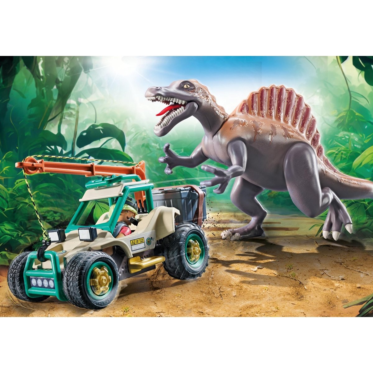 Spinosaure, chercheur et véhicule à grue pivotante multicolore, PLAYMOBIL