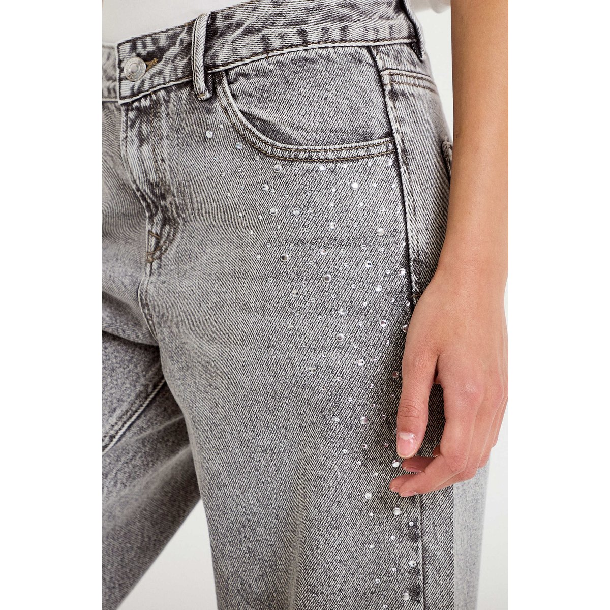 Jean wide leg taille basse strass denim gris, CACHE CACHE