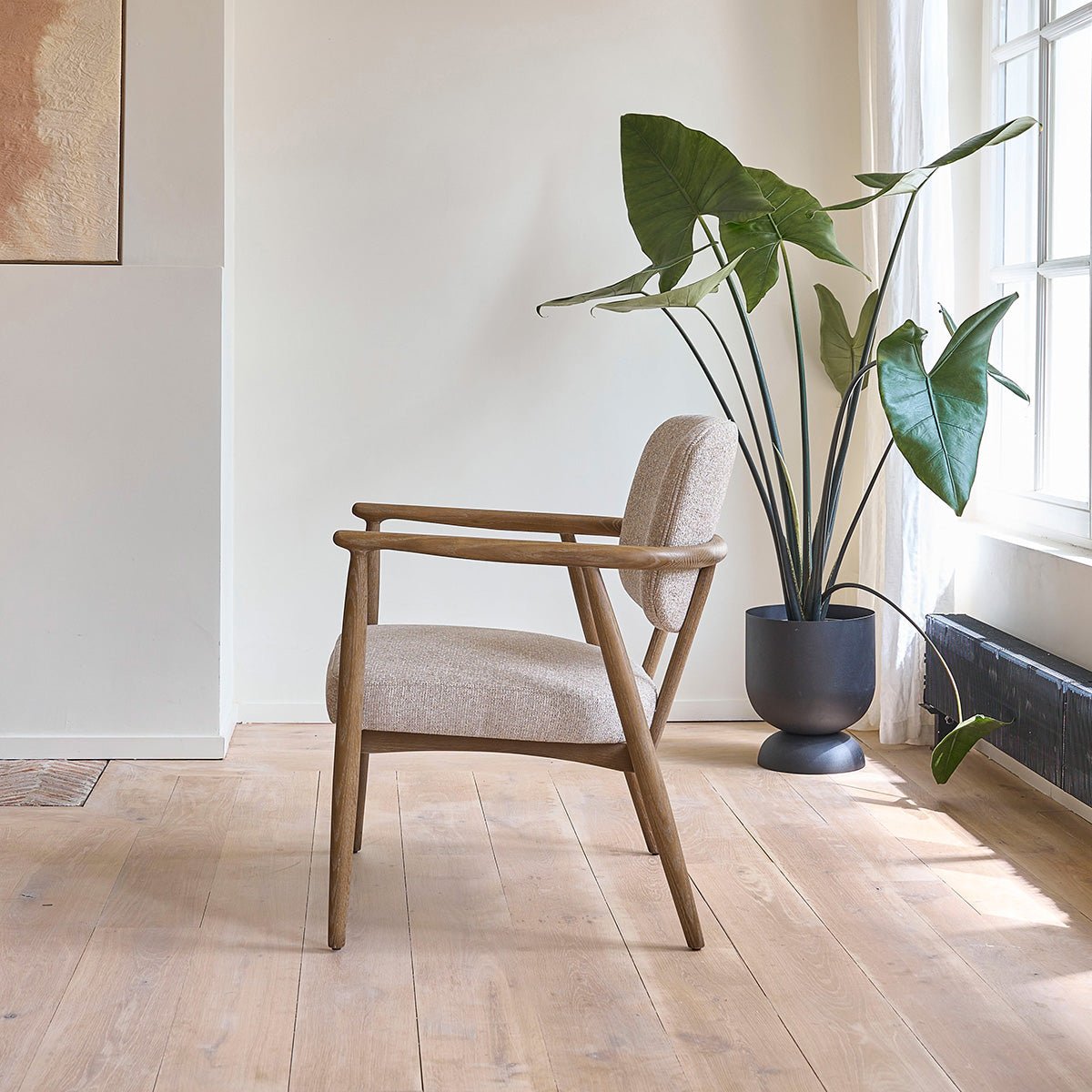 Fauteuil en chêne massif et tissu texturé EUGÈNE beige chiné, BERAH GETAH