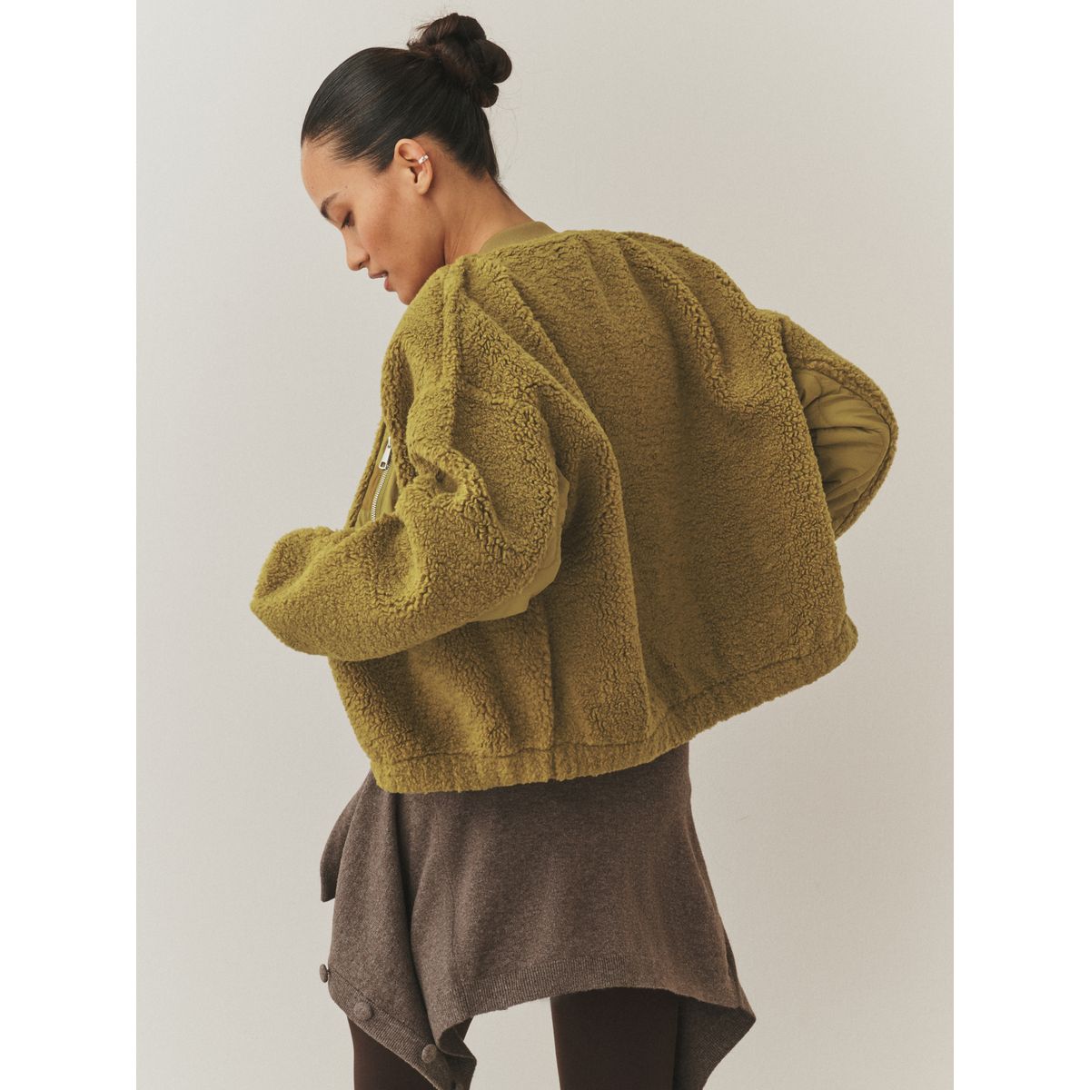 Blouson aviateur imitation peau de mouton vert olive, NEXT