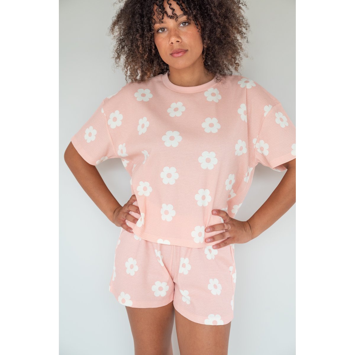 Pyjashort coton nid d'abeille Monique rose motif fleurs, WE ARE JOLIES