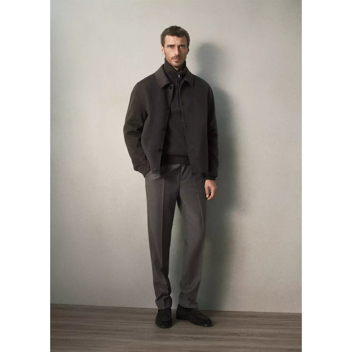 Veste en mélange de laine et cachemire à col chemise café, MANGO MAN
