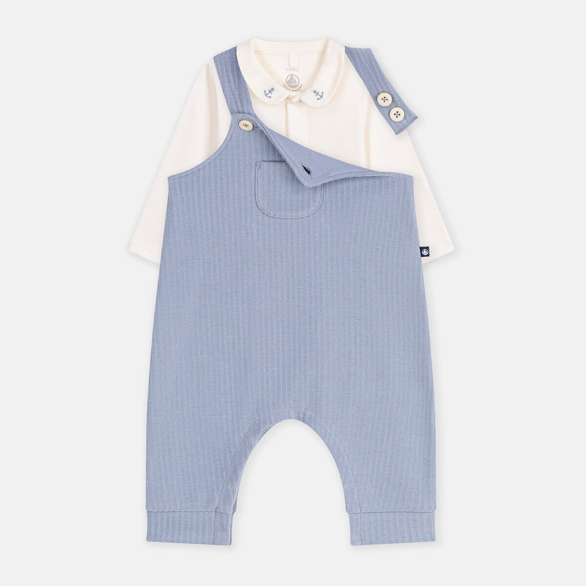 Set composto da salopette e body in felpa, con motivo con ancore blu + écru, PETIT BATEAU