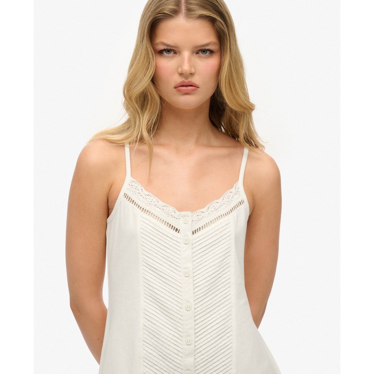 Robe caraco boutonnée à dentelle blanc cassé, SUPERDRY