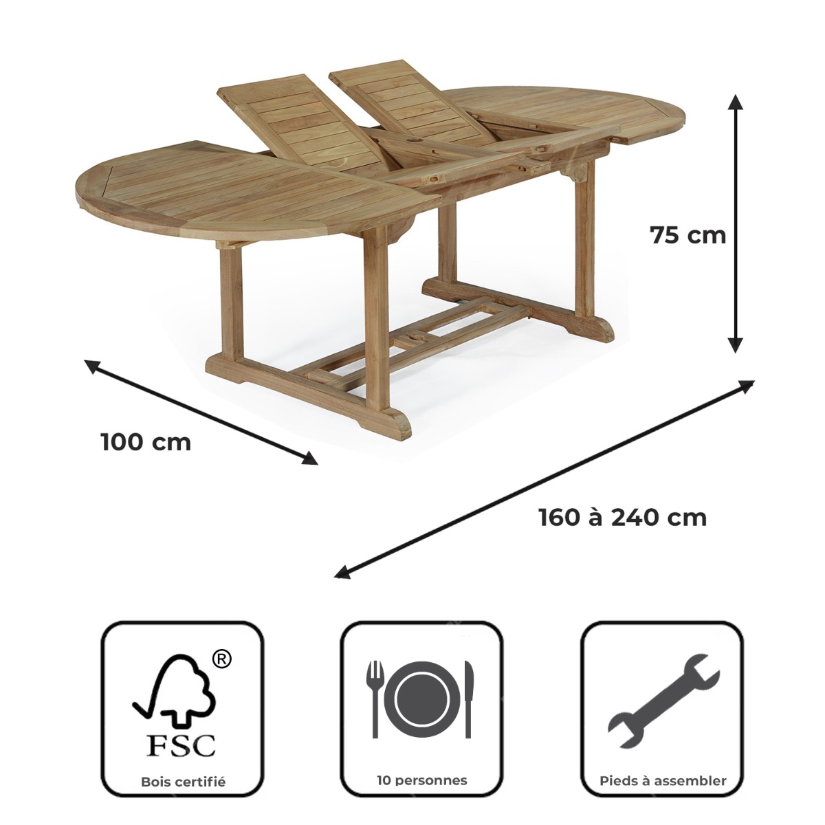 Table extensible ovale teck massif Vérone 160/240 x 100 cm naturel, TECK ATTITUDE