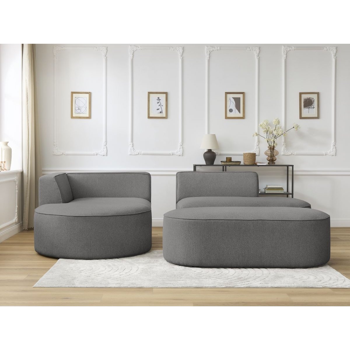 Canapé d'angle fixe 5 places en tissu chiné avec pouf, ROUSSEAU gris foncé, BOBOCHIC