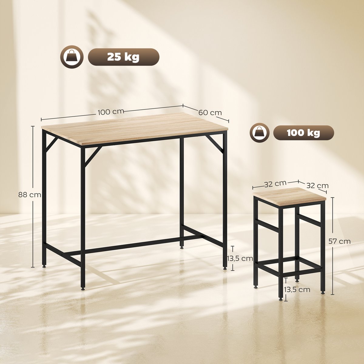 Ensemble de table de bar Métal Beige beige, bois clair, noir, HOMCOM