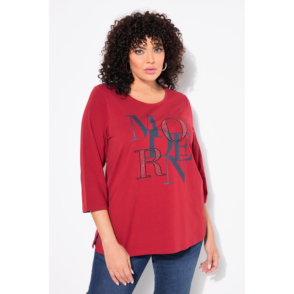 T-shirt col rond et manches 3/4 rouge rubis, ULLA POPKEN