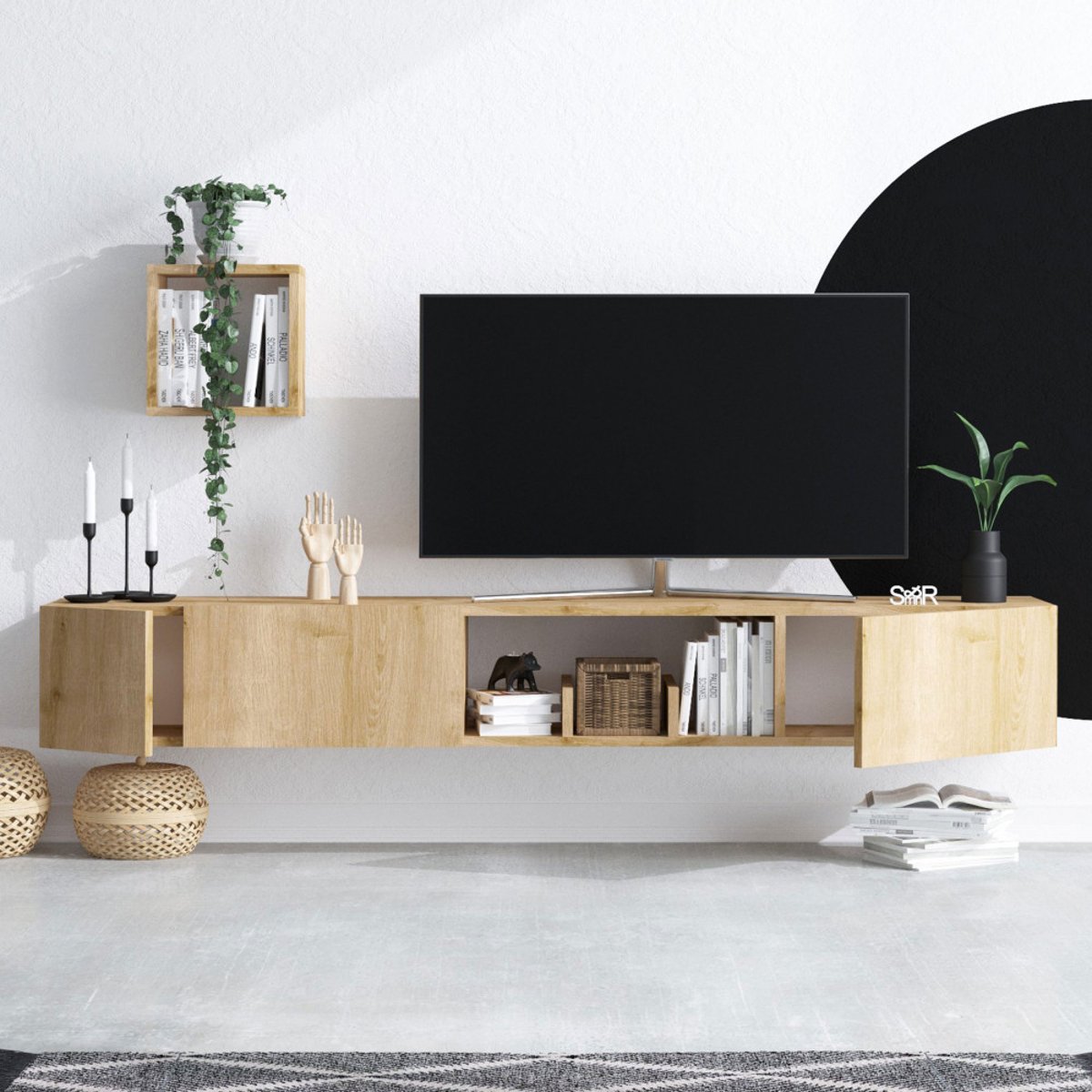Meuble TV suspendu 3 portes en bois L180cm- HEAVY bois clair, DRAWER