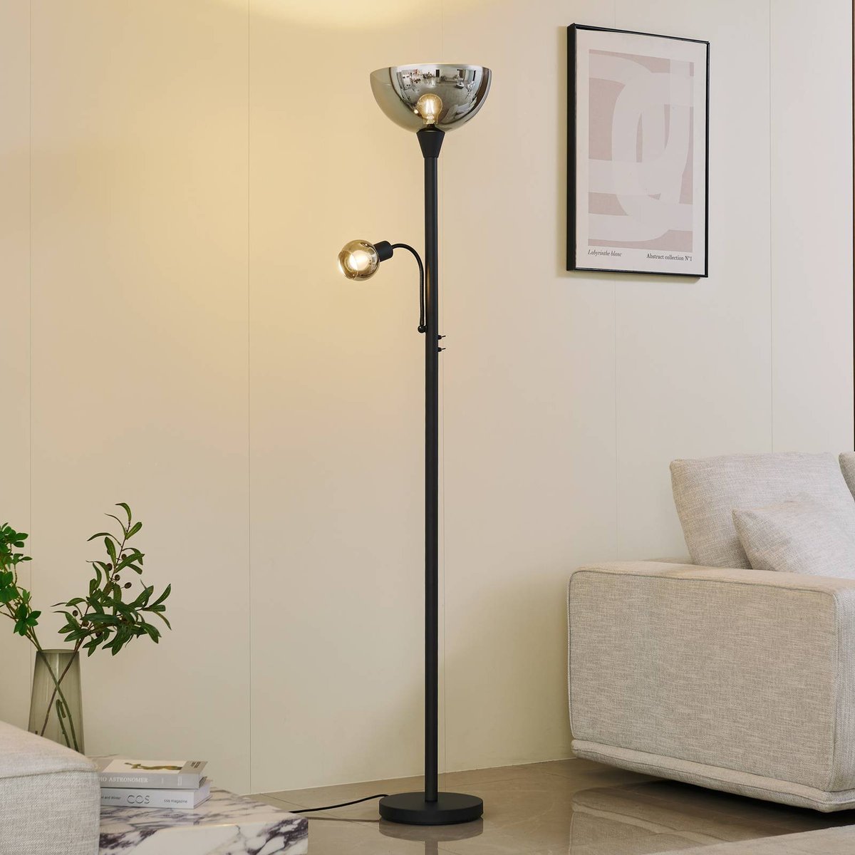 Lampadaire en métal moderne, Nehemia gris, noir, LINDBY