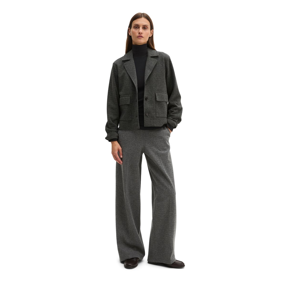 Blazer court en jersey de tweed Mélange extensible de coton bio, polyester et viscose gris, MARC O'POLO
