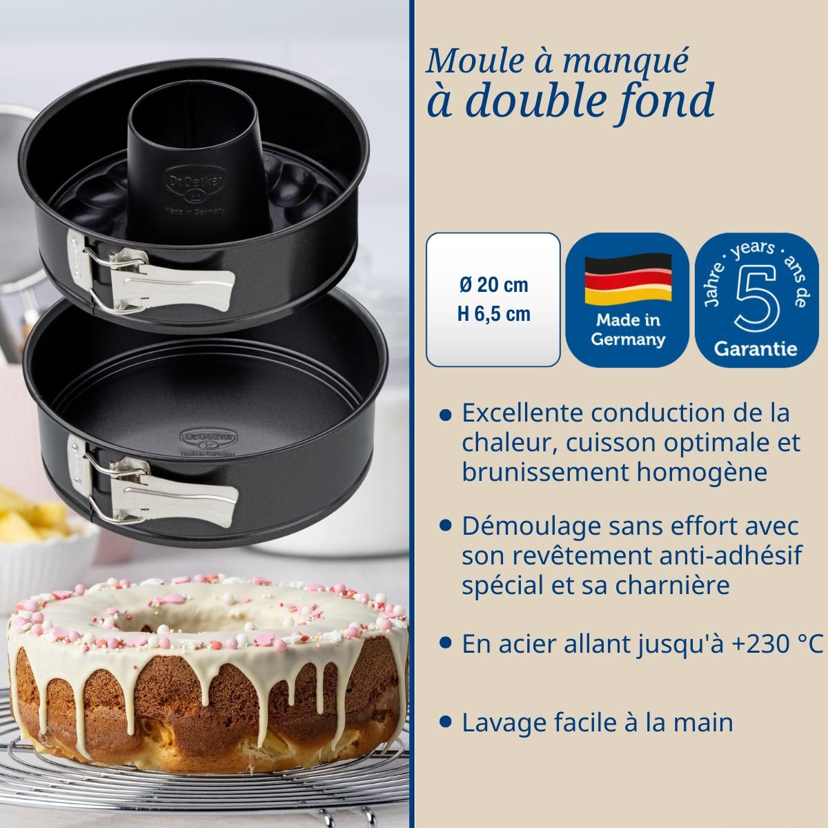 Moule à manqué à charnière avec fond à savarin 20 cm BACK FREUDE noir, DR OETKER