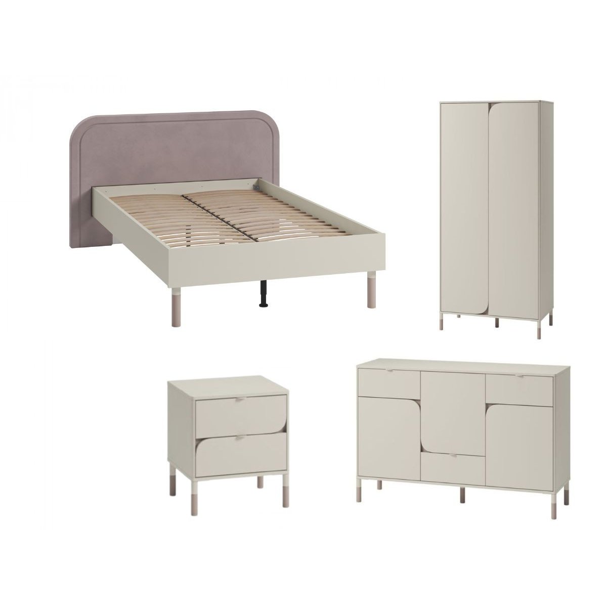 Ensemble lit, chevet, armoire et commode en panneaux de particules, BOREO blanc, BOBOCHIC