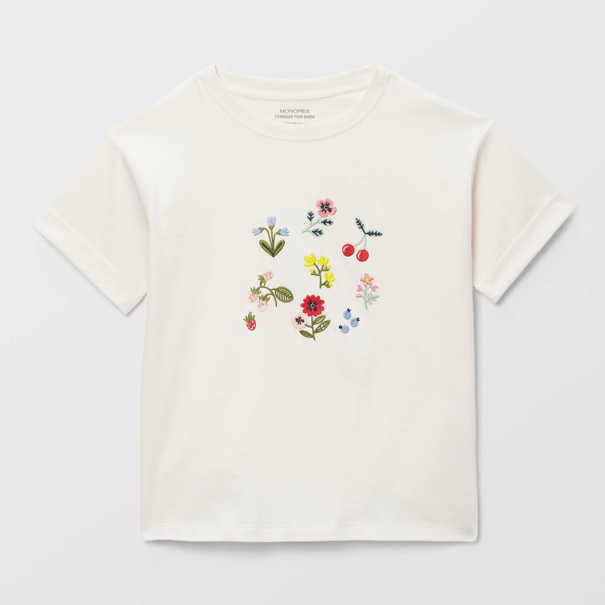 T-shirt manches courtes brodé en coton BIO GOTS naturel, MONOPRIX