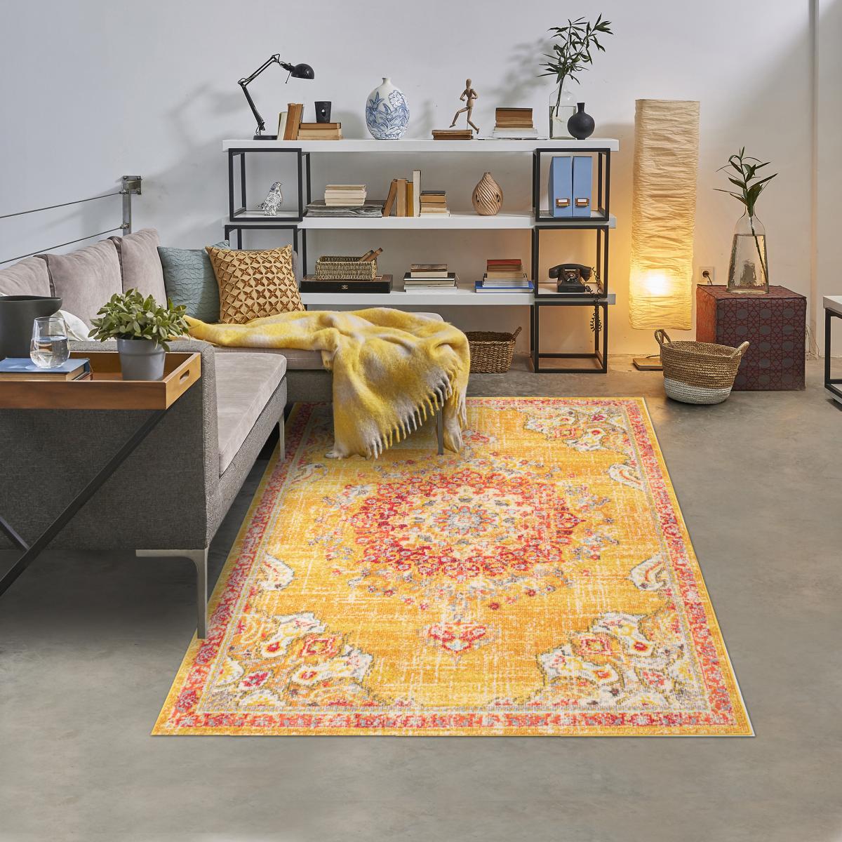 Tapis orient tissé motif traditionnel OLDA jaune, rouge, UN AMOUR DE TAPIS