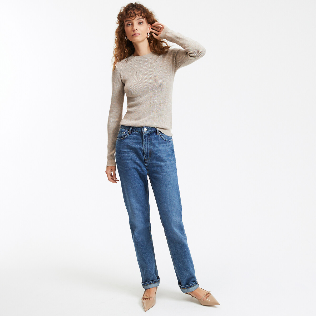 Sparkly Knit Jumper with Crew Neck gold-coloured, LA REDOUTE COLLECTIONS