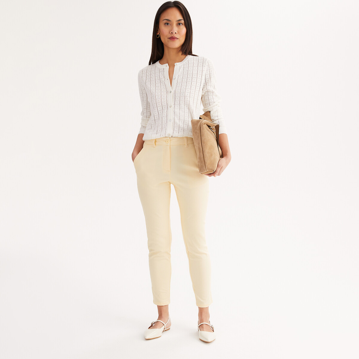 Pantalon droit chino, sergé stretch jaune pâle, ANNE WEYBURN