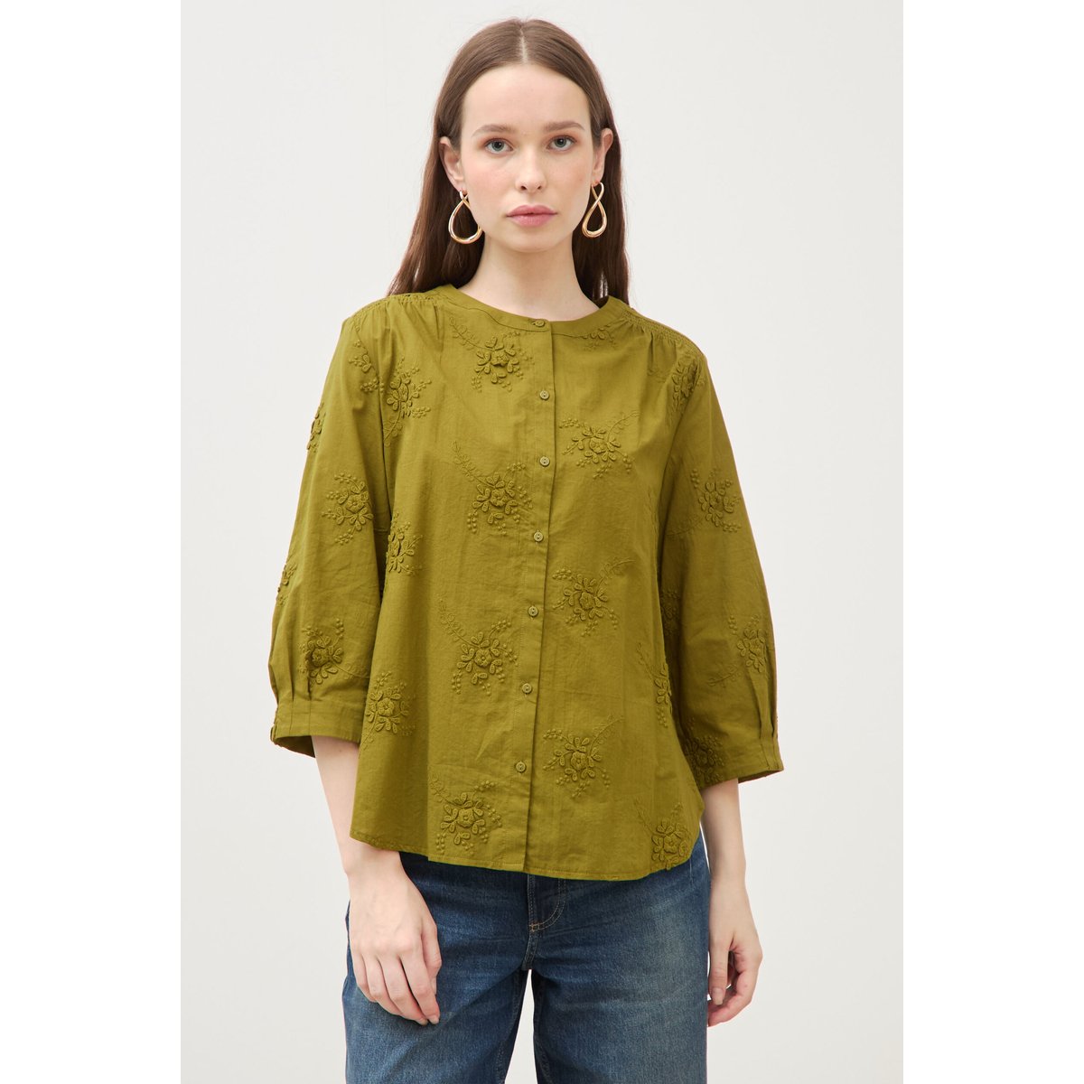 Chemise en coton manches 3/4 vert kaki, BONOBO