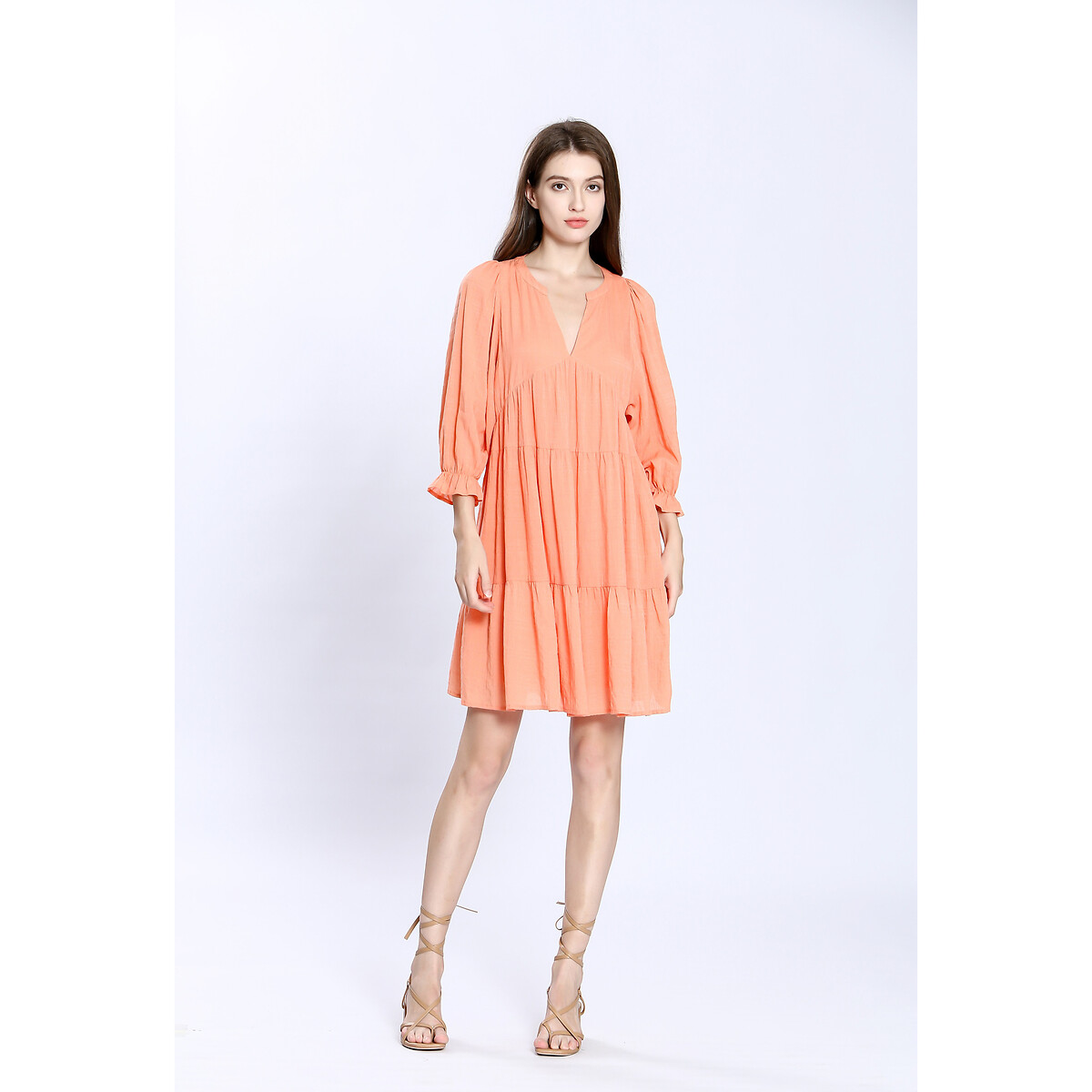 Robe col V, à volants orange, SEE U SOON