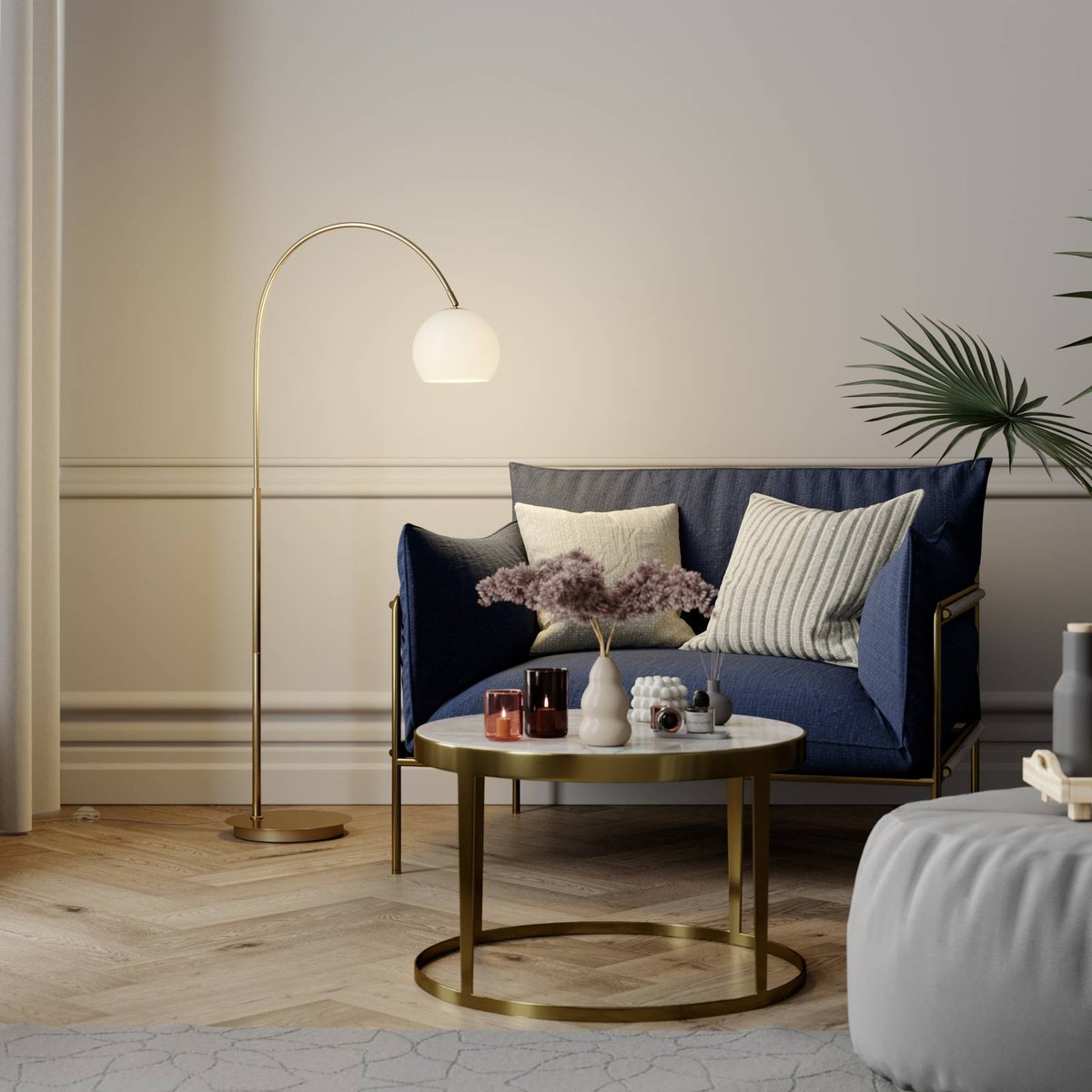 Lampadaire en verre moderne, Cynthia laiton mat, blanc opale, LINDBY