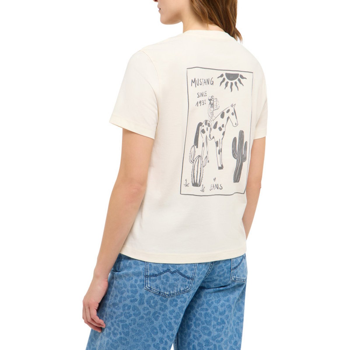 T-shirt en coton écru uni pourvu d'un col rond et de manches courtes beige, MUSTANG