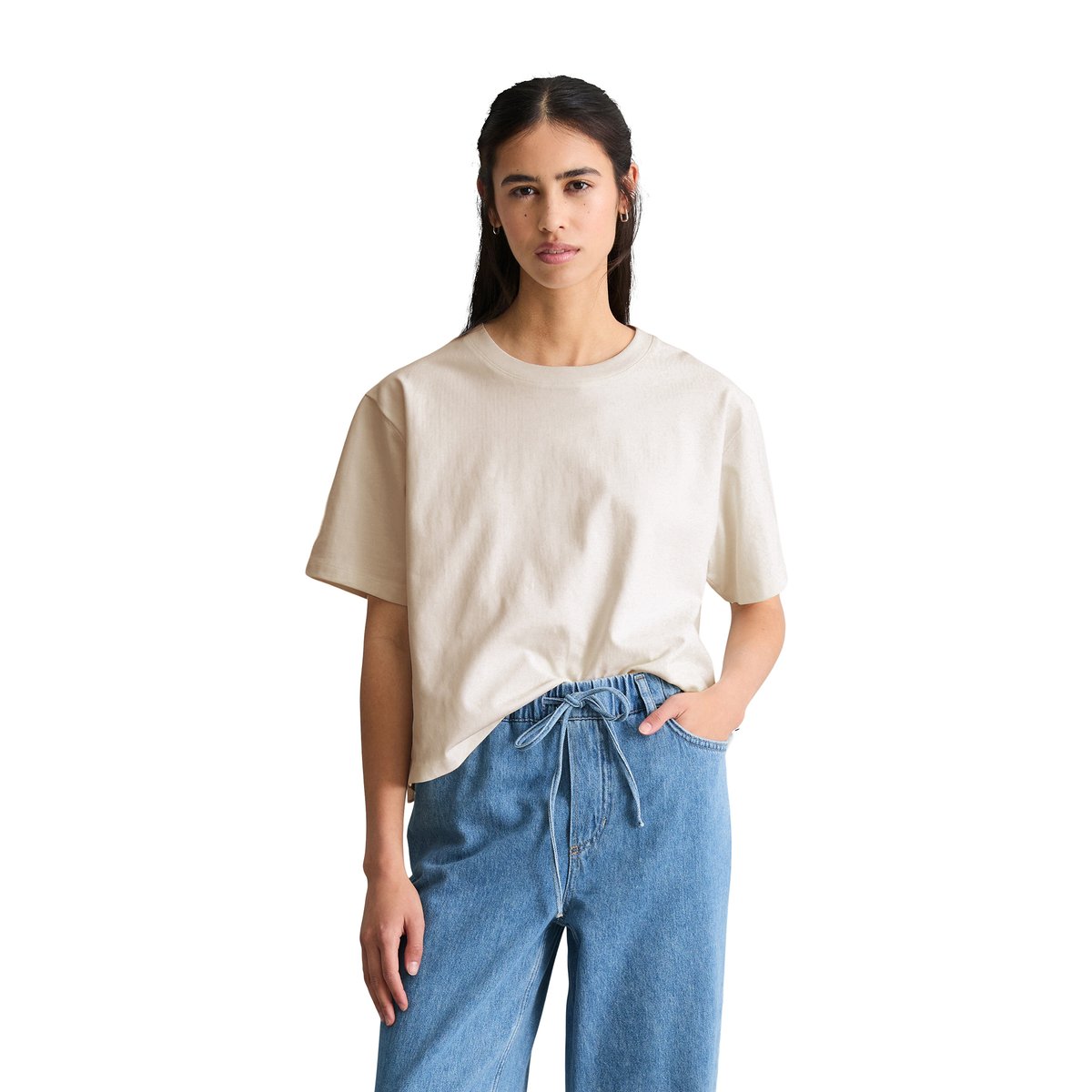 T-shirt avec broderie anglaise relaxed en mélange de matériaux blanc, MARC O’POLO DENIM