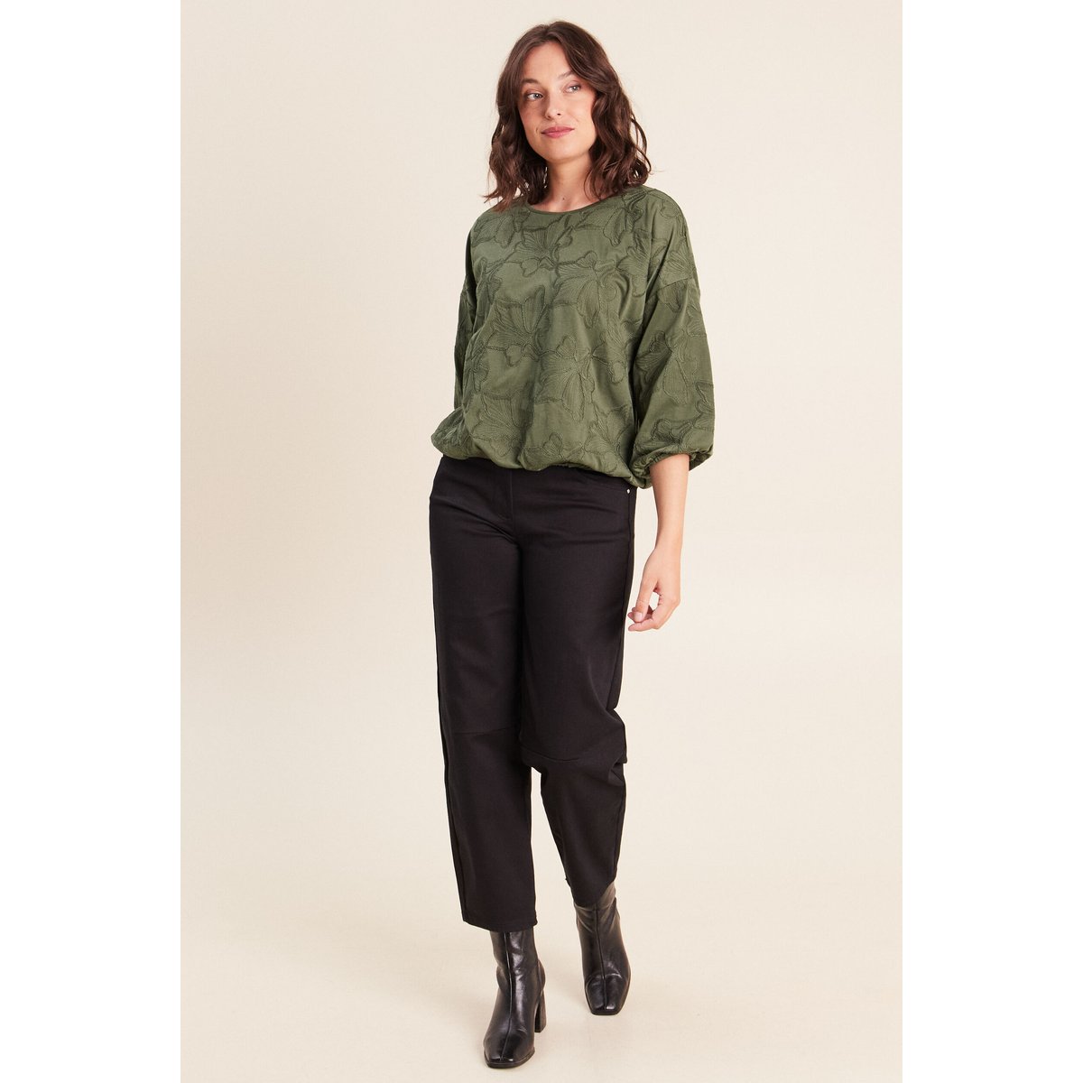 Blouse col v manches 3/4 bas resserré vert kaki, BREAL