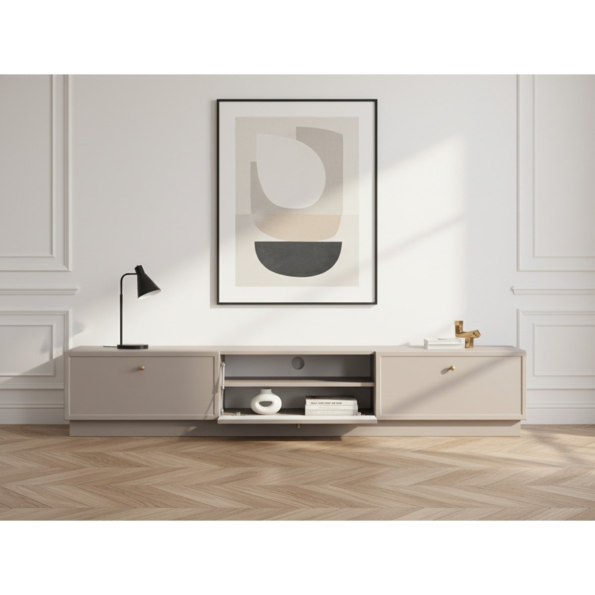 Meuble TV 200 cm panneaux de particules, LORINA beige, BOBOCHIC