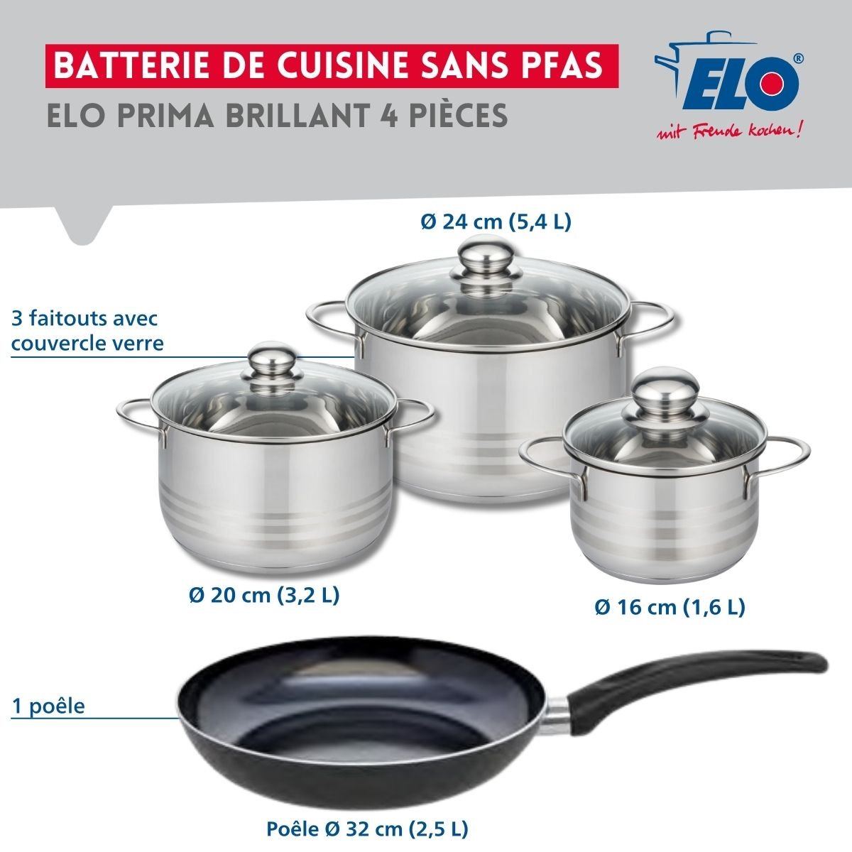 Batterie 1 poêle 32cm + 3 faitouts 16/20/24cm PRIMA BRILLANT noir, ELO
