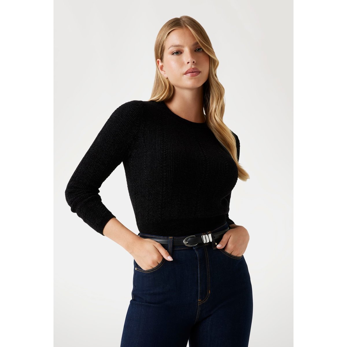 Pull Crop Maille Torsadée noir, GUESS