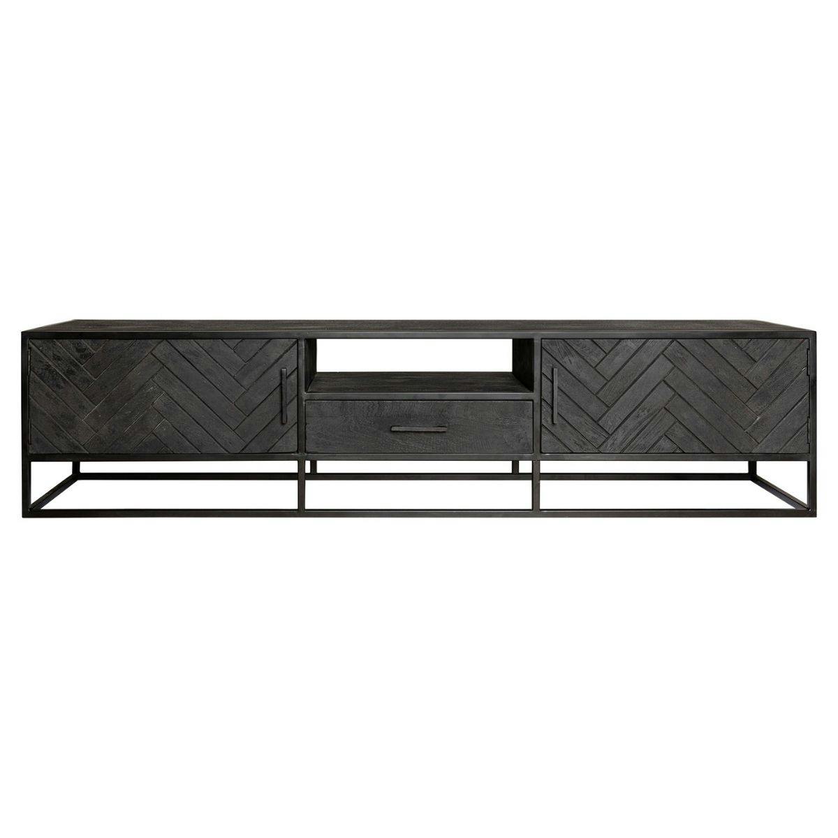 Meuble TV noir en bois 2 portes motif chevron 210 cm ALVERA noir, PIER IMPORT