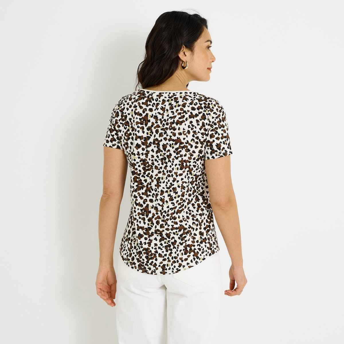 T-shirt col V imprimé beige, GRAIN DE MALICE