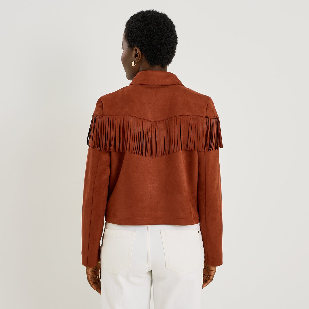 Veste courte en suédine à franges orange bordeaux, GRAIN DE MALICE