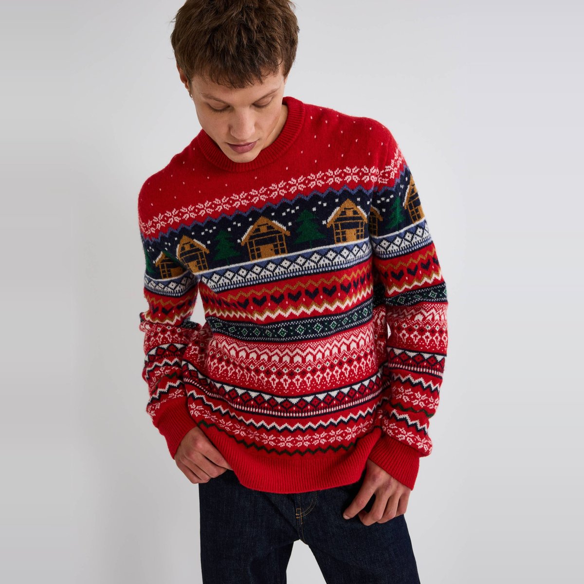 Pull col rond jacquard de noël contenant de la laine reveillon, MONOPRIX